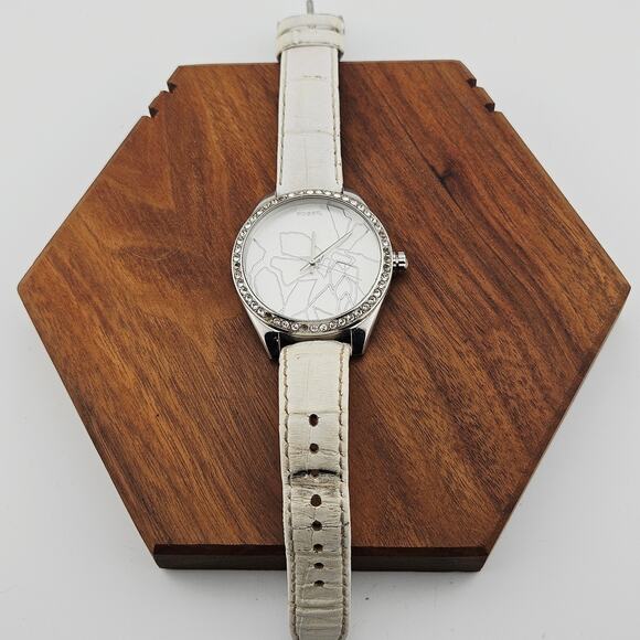 Fossil Women's Cracked Floral Crystal Dial Watch Silver Tone White Leather Band - Picture 4 of 9